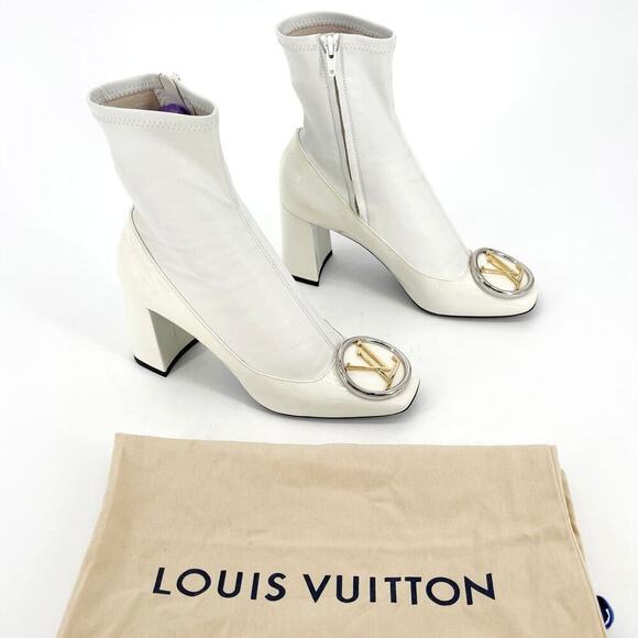 Louis Vuitton White Patent Leather Madeleine Ankle Sock Boot Logo size IT 37.5 - Picture 1 of 14